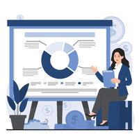 Business report concept Businesswoman sitting on a briefcase in front of a flipchart with a pie chart. Flat illustration. vector