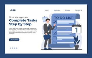 Landing page template time management to do list with a man in a business suit holding a briefcase and a calendar. vector