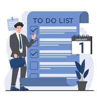 To do list illustration. Cartoon man with briefcase standing near checklist. vector