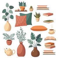 et of objects for decorating a cozy environment. Books, pillows and indoor plants. The concept of rest, comfort and relaxation. vector