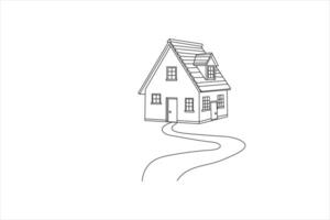 minimalist line art of a cottage with tree hand drawn rural landscape outline, simple house drawing vector