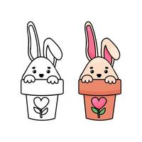 Easter Bunny in a Flower Pot, coloring page. Happy Easter. Color book for kids with colored example. stock image isolated on white background. vector