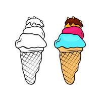 Ice cream cone color book for kids with colored example. For children of preschool and school age. stock image isolated on white background. vector