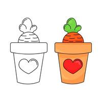 Carrot coloring page. In a pot. Color book for kids with colored example. Vegetables, autumn, Easter. Retro style. stock image isolated on white background. vector