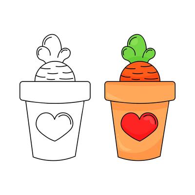 Carrot coloring page. In a pot. Color book for kids with colored example. Vegetables, autumn, Easter. Retro style. stock image isolated on white background.