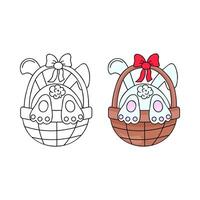Easter Bunny in a Basket Coloring page. In retro style. stock image isolated on white background. Line and color. vector