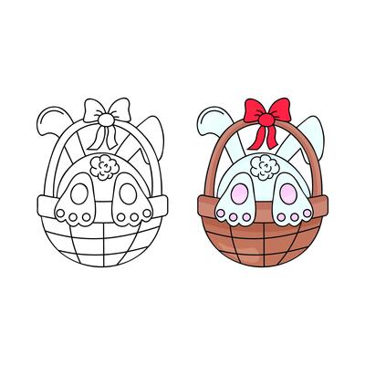 Easter Bunny in a Basket Coloring page. In retro style. stock image isolated on white background. Line and color.