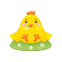 Hand drawn cartoon style Easter chick. Sits in a meadow with daisies. Paska, icon or print. stock image isolated on white background. Decorative design element for Easter. vector
