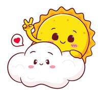 Cute smiling sun and a cute fluffy cloud. The sun flashes a peace sign while hugging the cloud. Kawaii object concept design illustration. vector