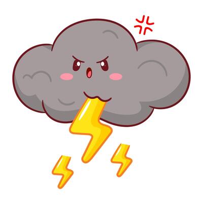Cute angry cloud storm with thunder cartoon. Weather concept design. Kawaii object icon mascot illustration.