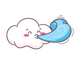 Cute playful cloud blowing a gust of wind cartoon character. Weather Concept design. Kawaii object icon mascot illustration. vector