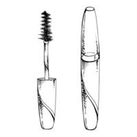 Make-up mascara brush eyebrow eyelash bottle container with applicator. Isolated object, detailed line sketch, ink hand drawn. Beauty parlor salon illustration, packaging, craft cosmetics shop vector