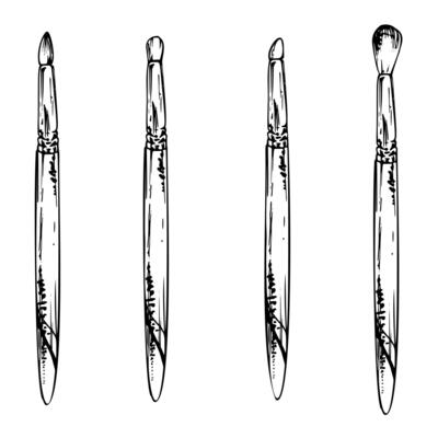 Make-up paint artistic supply bristle sponge brush applicator, isolated object, detailed line sketch hand drawn in ink. Beauty parlor salon illustration, packaging, cosmetics shop, art studio