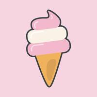 strawberry vanilla ice cream cone with outline flat design vector