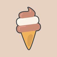 chocolate vanilla ice cream cone with outline flat design. vector