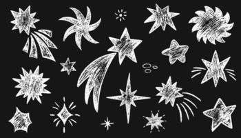 Crayon drawn stars, meteorite and comets. Doodle magic blinking stars, charcoal cosmic. Set of doodle sparks and sparkles. Pencil or charcoal drawing. Crayon drawings of night sky vector
