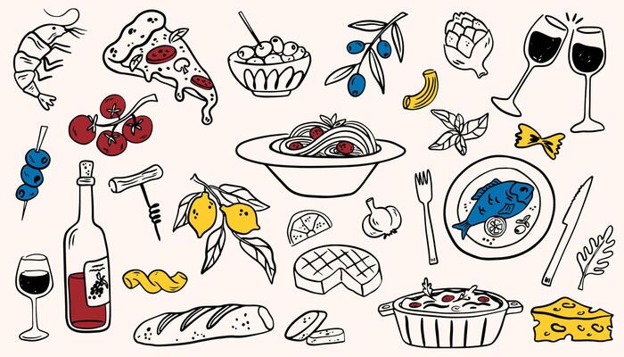 Mediterranean food set. Minimalist hand drawn food and drinks collection. Set of doodles, rough simple Italian cuisine food sketches. illustration isolated