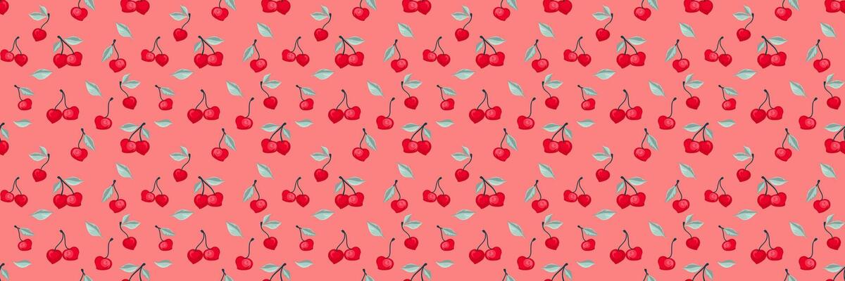 Summer pattern with abstract artistic tiny cherries with small leaves. Shapes berries, fruits, leaf, seamless print on a orange background. hand drawing. Design ornament for fabric, textiles,