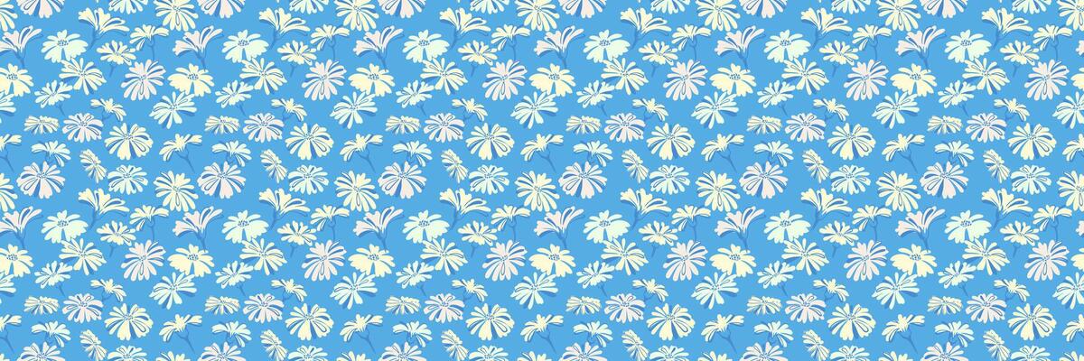 Abstract stylized shapes flowers pattern on a blue background. Creative unique meadow seamless print. hand drawn. Summer simple ornament texture