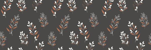 Simple seamless pattern with shapes tiny branches leaves, buds with drops. Creative unique floral print. hand drawn sketch. Nature ornament for designs vector