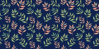Colored pattern with abstract artistic tiny branches leaves. Stylized small leaf stems print on a dark blue background. drawing illustration. Nature ornament for textile, fabric, wallpaper vector