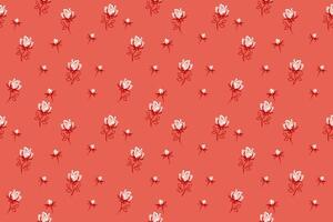 Seamless cute floral pattern with abstract tiny rose, buds on a orange background. hand drawn sketch ditsy flowers print. Minimalist ornament for fabric, surface designs, children textiles, vector
