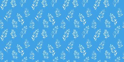 Blue plain pattern with abstract tiny branches, little flowers buds. Creative small floral stems with drops, dots, spots seamless print. hand drawing. Minimalistic ornament for textile, fabric vector