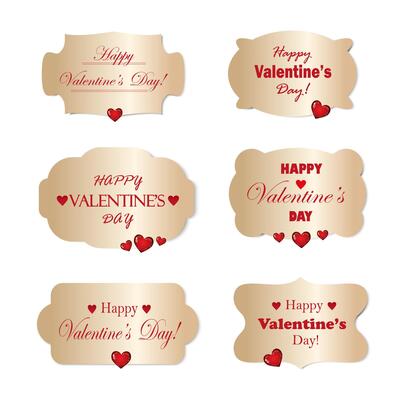 Love banners set, stickers with Valentine's Day greeting, congratulations. Gold frame with heart