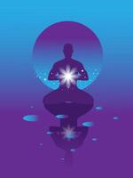 banner with meditation man on violet background with stars and spheres Yoga in the universe. Man in the lotus position. Symbol of secret knowledge, harmony of soul and body. Surrealism vector