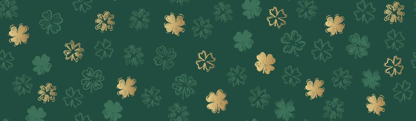 Gold Clover pattern on green, Saint Patricks Day, hand drawn illustrations.