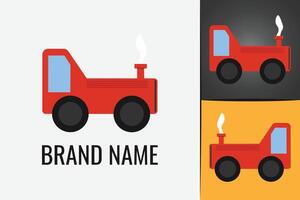 Red tractor logo for farm. Farmer in simple tractor logotype vector