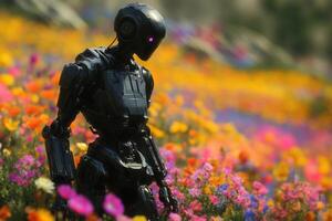 Cyberpunk robot walking through flower field in futuristic city photo