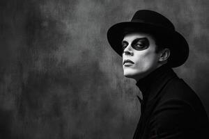 Singer wearing black hat and makeup posing in black and white photo