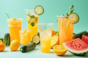 Refreshing summer fruit juices with sliced cucumbers, watermelon, and lemons photo