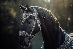 Black horse wearing an elegant silver studded bridle and blanket photo