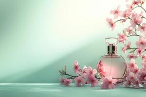 Elegant perfume bottle standing near cherry blossoms on green background photo