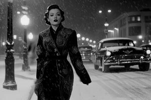 Elegant woman walking on snowy street at night in the fifties photo