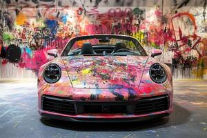 Pink graffiti art car parked in front of colorful wall photo