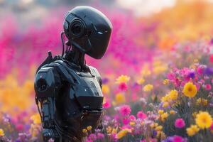 Futuristic robot exploring vibrant flower field at sunset photo