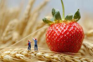 Farmers analyzing giant strawberry in wheat field photo