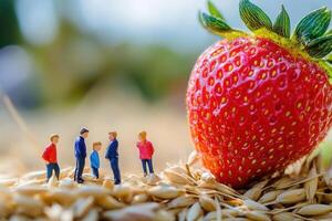 Miniature people observing giant strawberry on wheat grains photo