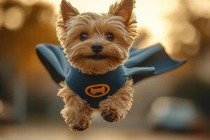 Yorkshire terrier puppy flying dressed as superhero with blue cape photo