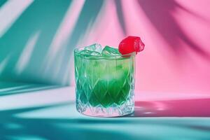Refreshing green cocktail garnished with a red cherry in crystal glass with ice cubes on colorful background photo