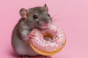 Grey rat eating pink donut with sprinkles on pink background photo