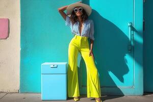 Fashion model posing with colorful background and portable fridge photo