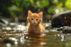 Ginger kitten entering river in nature photo