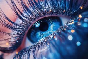 Long eyelashes with blue glitter creating a sparkling effect around a blue eye photo