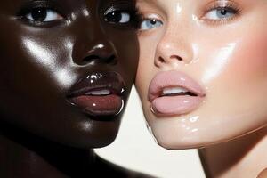 Two models showing lip gloss makeup and shiny skin photo