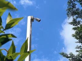 a security camera is mounted on a pole in front of some trees photo