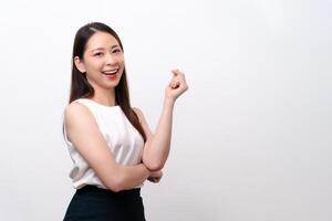 A woman in a white shirt is posing arms crossed add smile photo